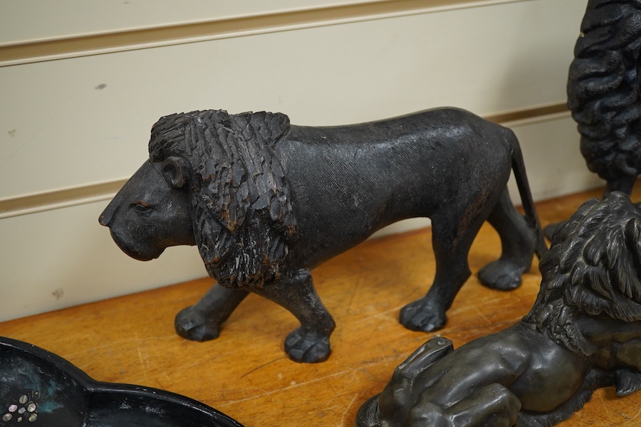 Three lion models, varying materials, and a carved wax ‘Bacchus’ wall plaque